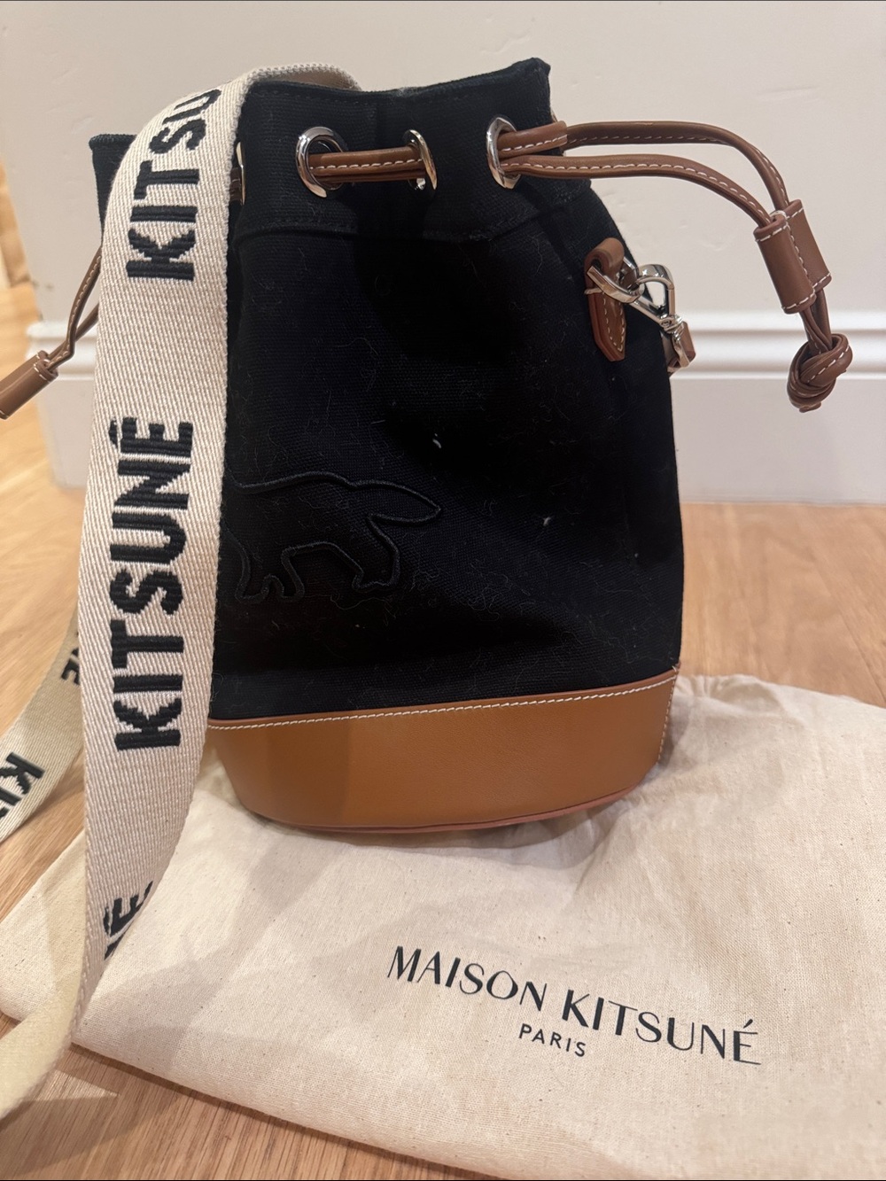 Maison Kitsune Black & Brown Canvas Bucket Bag with Logo Strap